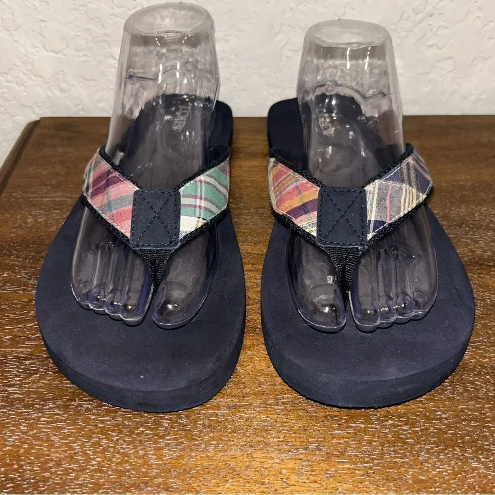 J. Crew Factory Navy Flip-Flop Sandals with Multicolor Plaid Straps - Picture 3 of 8